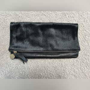 Clare Vivier Black Leather Hair Fur Foldover Clutch Bag with Gold Chain Strap